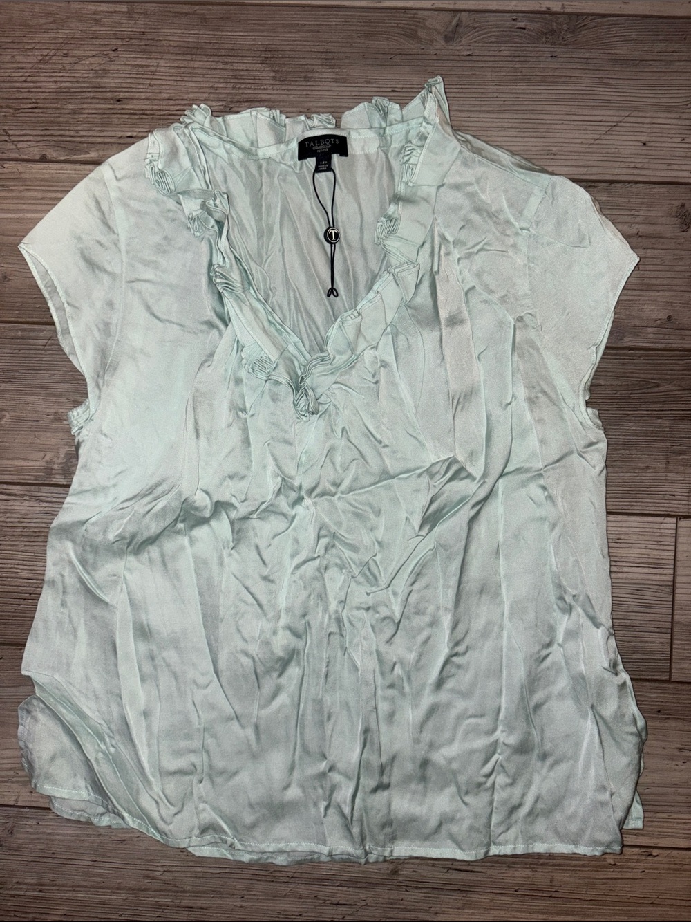 New Talbots Light Mint Ruffle V-Neck Cap Sleeve Blouse